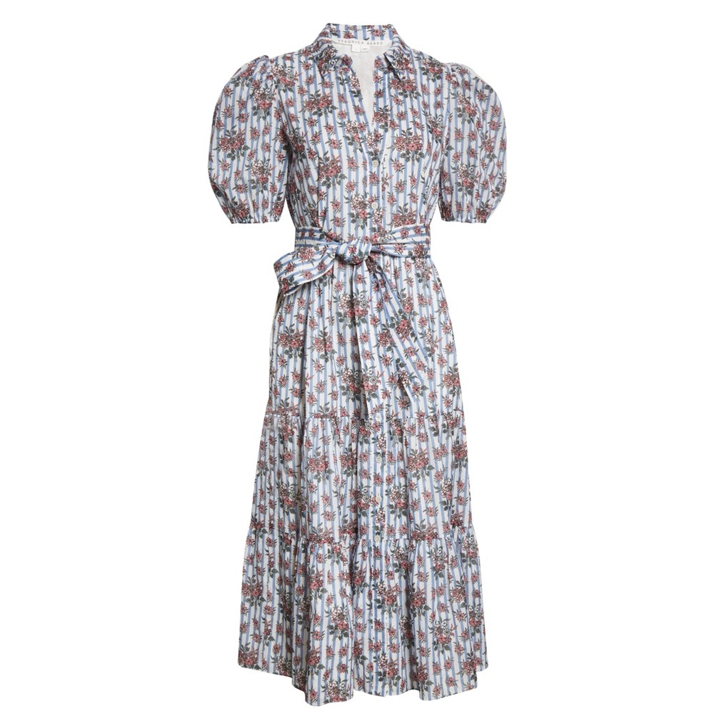 COPY - Veronica Beard Size 2 Eunice Floral Dress Stripe Puff Sleeve Cotton Shir…